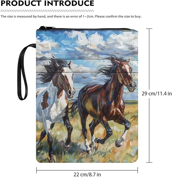COEQINE Art Horse Book Cover with Zipper Portable Book Sleeves Book Lovers Gifts Book Cover with Pen Holder Washable Book Sleeve Book Cover Book Protector Horse