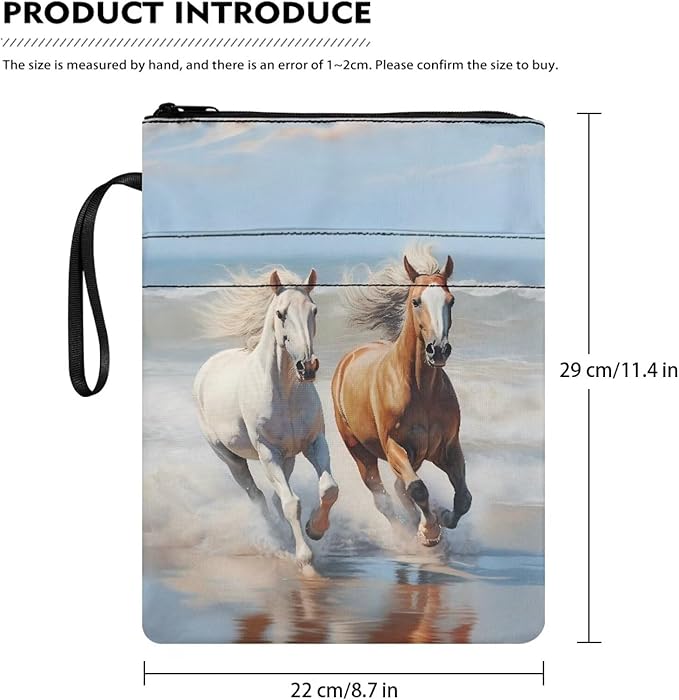 COEQINE Horse Book Covers Kids Adult Book Cover with Pen Holder Zipper Washable Hardcover Paperback Book Protection and Pen Holder Pocket for Travel Study