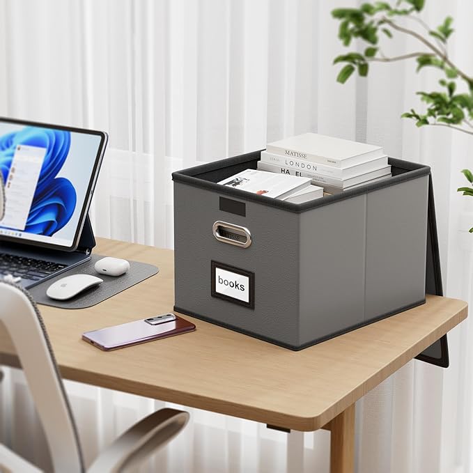 Huolewa Upgraded Portable Leather File Organizer Boxes with Lids, Office Document Boxes Organizer, Filing Boxes, Decorative Small File Boxes for Hanging Files with Plastic Slide for Office/Decor/Home