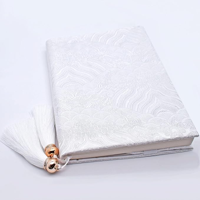 BLBMH Chinese Book Covers with Tassel Bookmark Book Cover Adjustable Book Sleeve Cover for A5 Books Embroidered Brocade Softcover Protector for Notebook Planner Bible - White