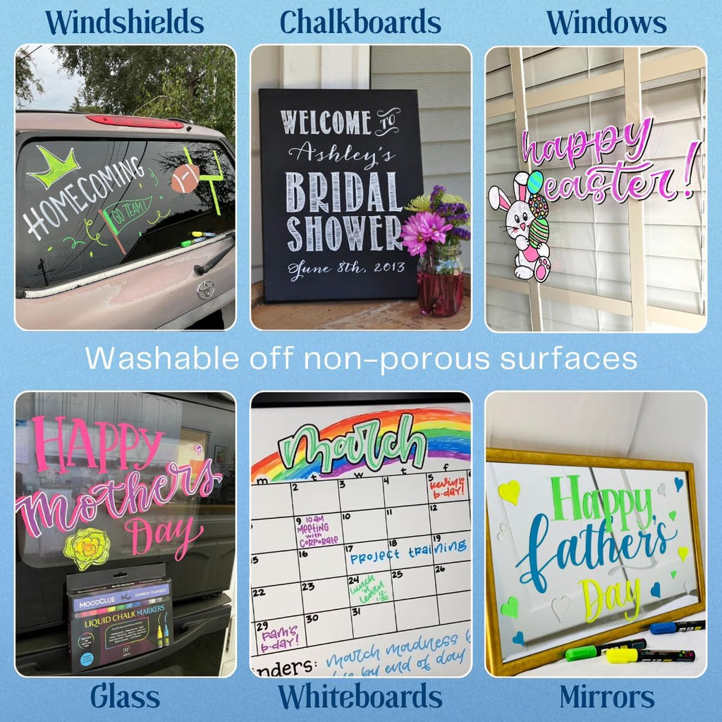 Liquid chalk markers 12 neon erasable Whiteboards, glass boards, chalkboards, windows, mirrors, car windshields, auto, glass. Odorless, non-toxic. Wet or dry erase. Thick and thin tip