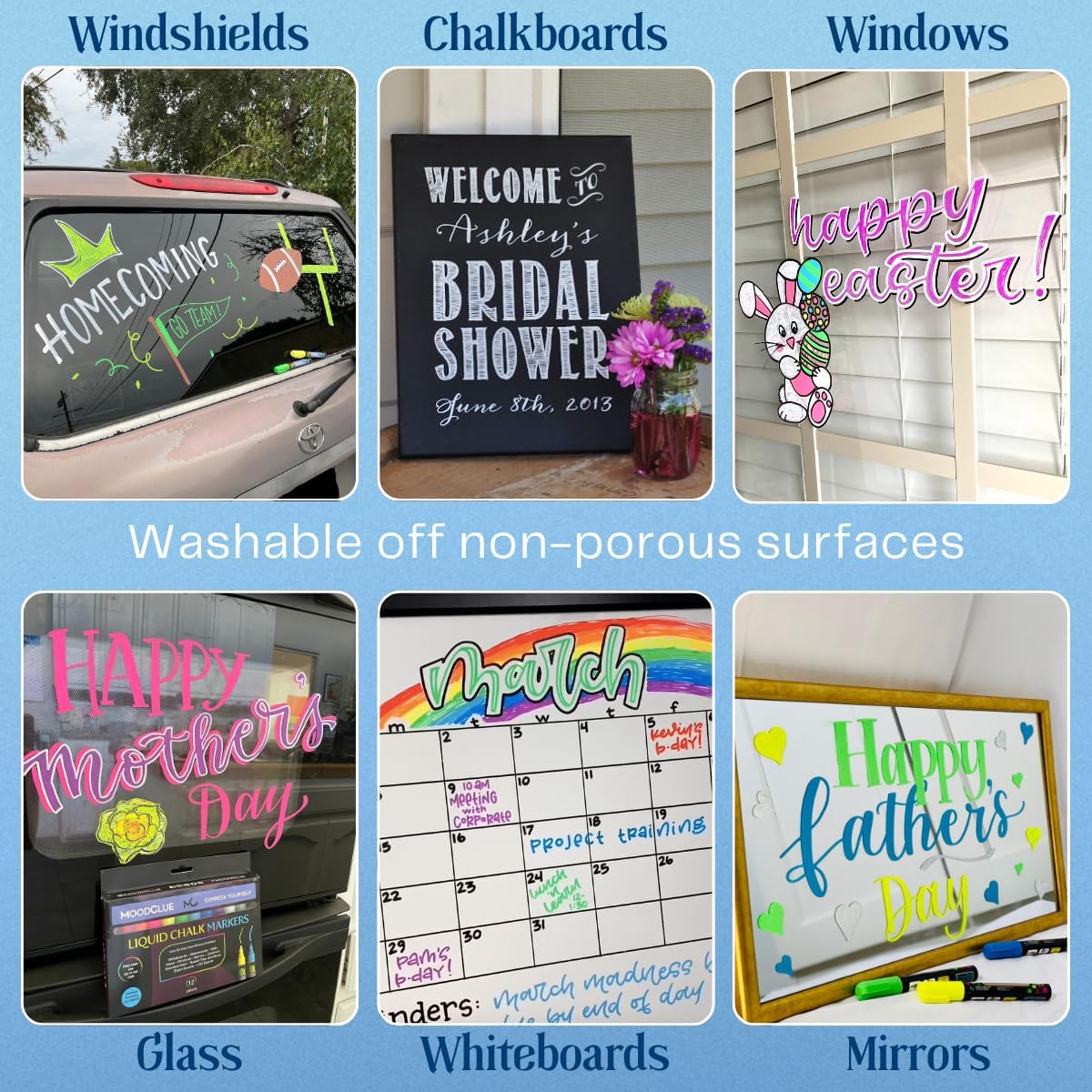 Liquid chalk markers 12 neon erasable Whiteboards, glass boards, chalkboards, windows, mirrors, car windshields, auto, glass. Odorless, non-toxic. Wet or dry erase. Thick and thin tip