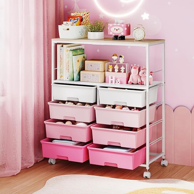 8 Drawers Rolling Storage Cart with Wooden Top, Multipurpose Utility Cart with Opening Shelf & Lockable Wheels, Storage Drawer Cart Organizer for Home Office Craft Room Classroom, Pink