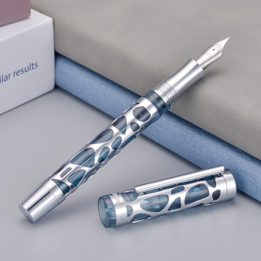 Asvine V169 Vacuum Filling Fountain Pen Extra Fine Nib, Water Drop Skeleton Transparent Gray Blue Acrylic Pen Case Set
