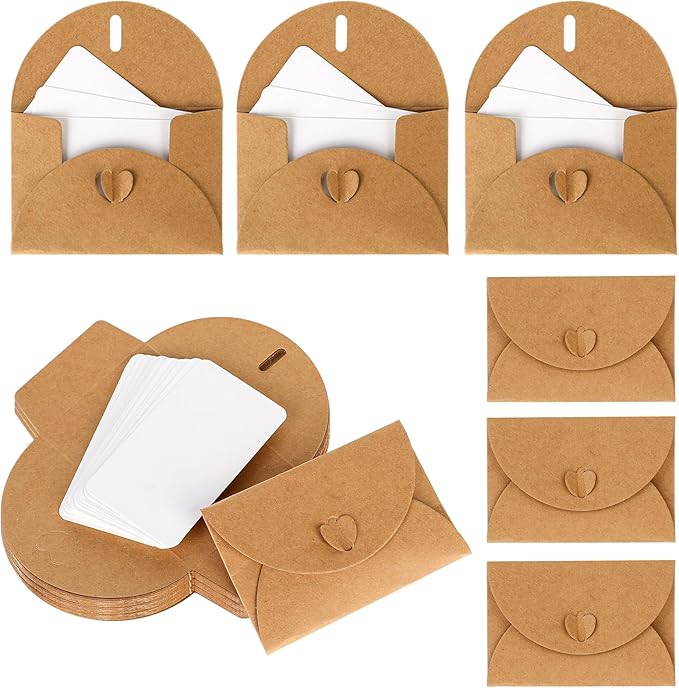 25PCS Mini Envelopes with 25 Blank Cards 4.1 x 2.8 inch Gift Card Holders Cute Tiny Envelopes with Heart Clasp for Gift Cards, Wedding Party Favors, Greeting Cards Mailing, Business Cards