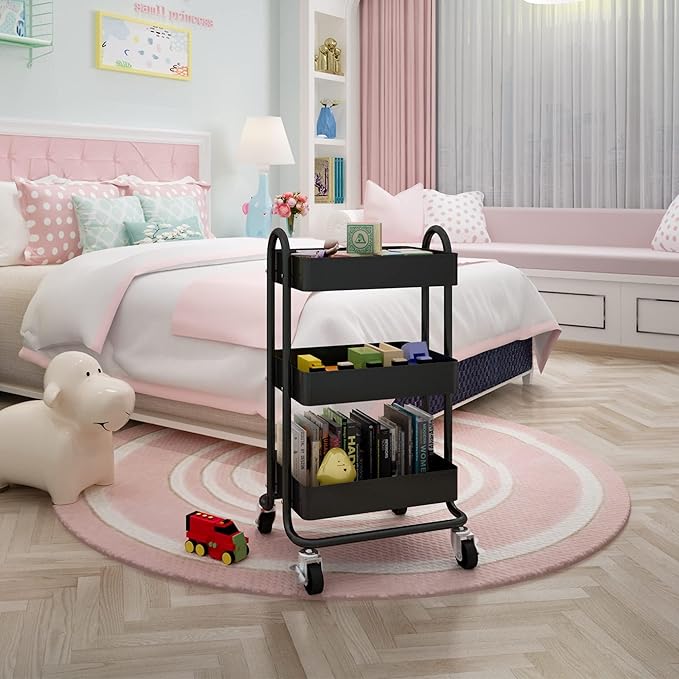 3-Tier Rolling Metal Storage Organizer,Mobile Utility Cart,Kitchen Storage Carts with Caster Wheels,Rolling Utility Cart Suitable for Office,Home,Kitchen,Garden（13.4"x18.1"x31"） Black