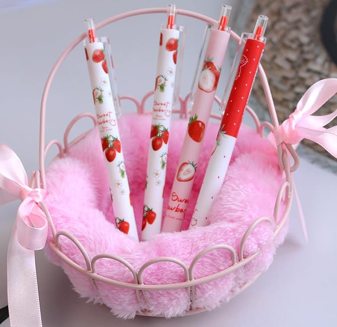 YYaaloa 48pcs Cute Pens Black Gel Ink Pens Retractable Pens for Kids Girls Boys Women Office School Supplies (Red strawberry pens)