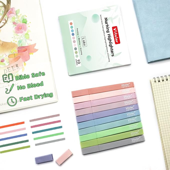 Vitoler Bible Highlighters with Soft Chisel Tip,10Pcs,Lake Colors,Aesthetic No Bleed Bible Highlighter Pastel,Cute Highlighters for School Office Supplies