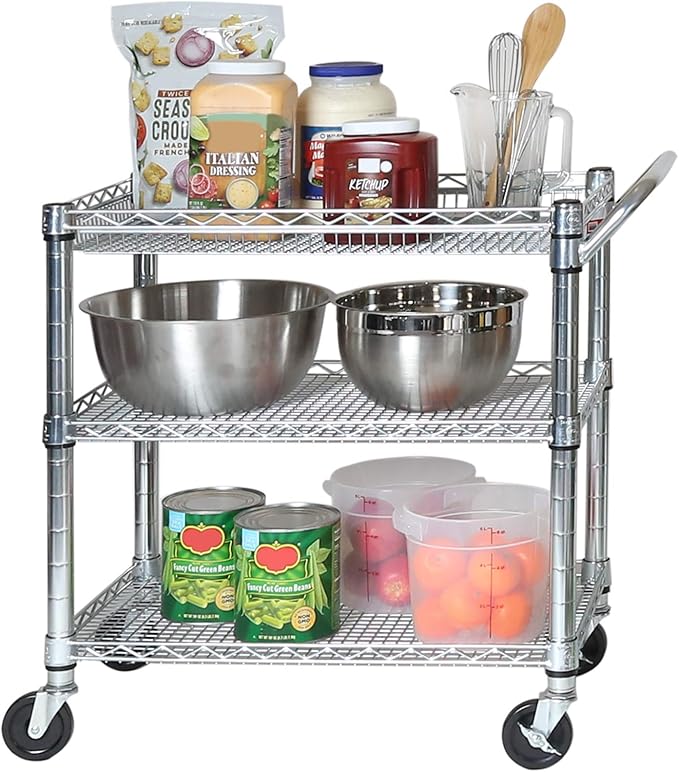 Seville Classics UltraDurable NSF Commercial Heavy Duty Metal Rolling Utility Cart, w/ Steel Shelves, Handle Bar for Restaurant, Garage, Warehouse, Kitchen, Office, Deep Top Basket (34.75"W x 18.25"D)