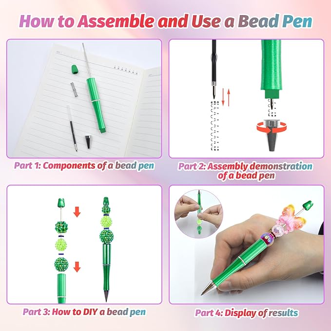 15 Pieces Beadable Pens - Beaded Pens Plastic Diy Black Ink Ballpoint Pens Bulk - Bead Pens Suitable For Teacher, Students, Office, School, Graduation Gift Supplies（Green）