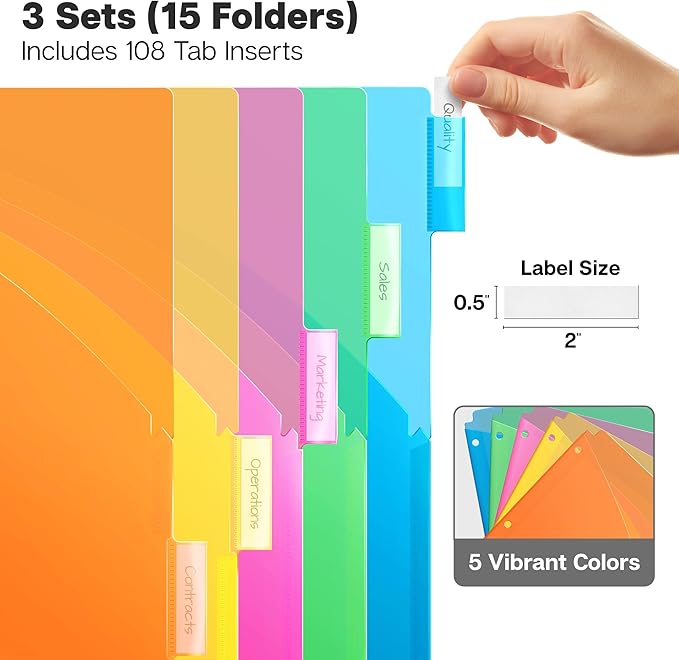 Dunwell 5-Tab Dividers with Pockets for 3-Ring Binder (3 Sets, 15 Count), Plastic Binder Dividers with Tabs and 2 Pockets, Binder Pocket 3 Hole Punched for 8.5x11 Paper, Includes Label Inserts
