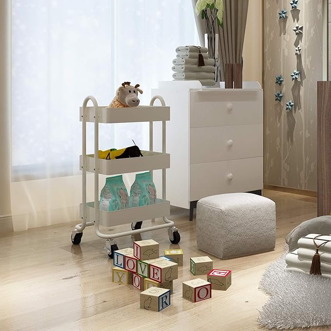 3-Tier Rolling Cart,Metal Rolling Utility Cart with Handle,Steel Multifunction Carts with Wheels,Kitchen Storage Carts Suitable for Office,Home,Kitchen,Garden（13.4"x18.1"x31"） White