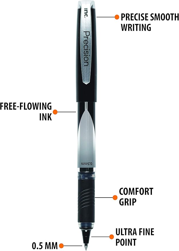 Inc. R2 Precision Rollerball Pens - 0.5 mm Ultra Fine-Point Pen Set With Comfort Grip for School, Office, Writing, and Journaling, 12 Pack, Black Ink
