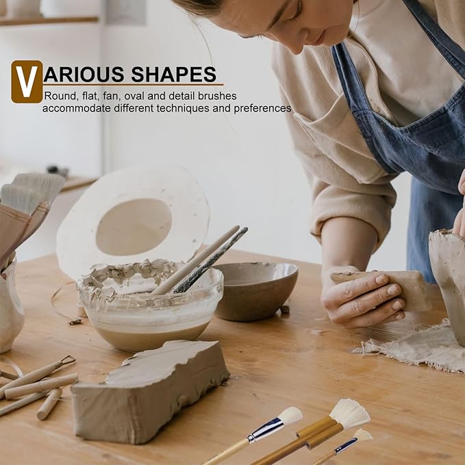 Pottery Brushes for Glazing,15 Pcs Ceramic Brushes Set with Storage Box Wool Bamboon Hake Brushes for Pottery Acrylic Watercolor