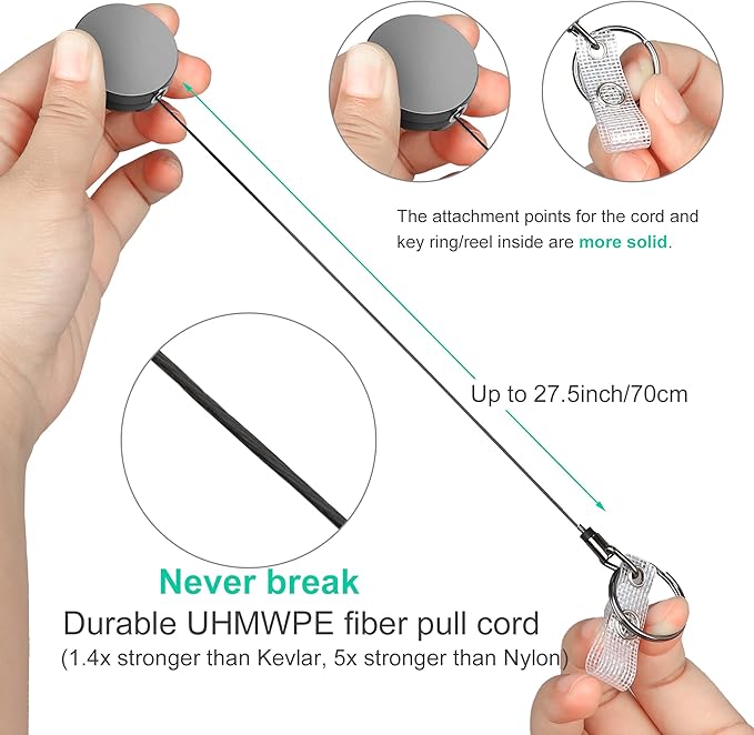 Will Well ID Badge Holder Reel with Clip and Keyring - Heavy-Duty All-Metal Casing with 27.5" UHMWPE Fiber Pull Cord for Durability and Easy Access, Holds up to 8 Keys - 2-Pack, Round, Glossy Silver