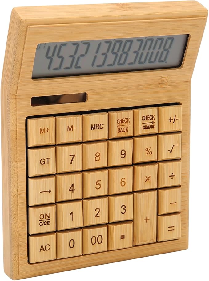 Zopsc Bamboo Calculator, Wooden Solar Calculators with 12 Bit Digital LCD Screen, Basic Standard Function Desk Calculators with 29 Big Buttons for Office Home School Store