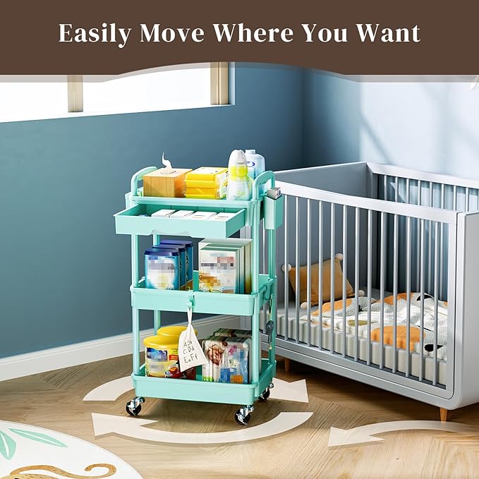 Rolling Utility Cart with Drawer 3 Tier, Utility Storage Organizer with Plastic Shelf & Lockable Wheels Multifunctional Storage Cart for Kitchen, Bathroom, Office, Living Room, Blue