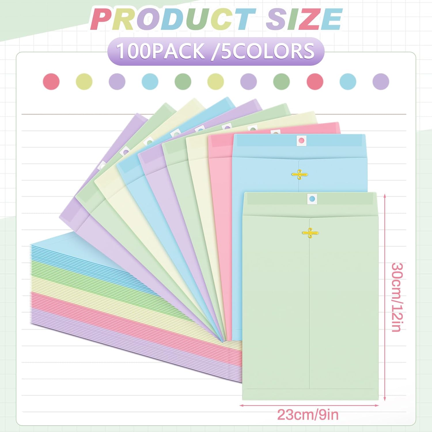 Geyee 100 Pcs Clasp Manilla Envelopes 9 x 12 Inch Gummed Colored Envelopes for Storing or Mailing for Home Office Business Supplies(Pastel Color)