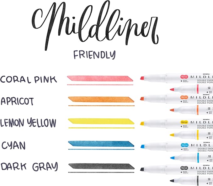 Zebra Pen Mildliner, Double Ended Highlighter, Broad and Fine Tips, Assorted Friendly Colors, 5-Count