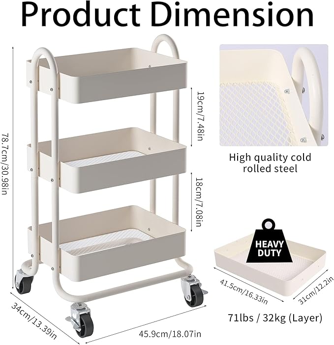 3-Tier Rolling Cart,Metal Rolling Utility Cart with Handle,Steel Multifunction Carts with Wheels,Kitchen Storage Carts Suitable for Office,Home,Kitchen,Garden（13.4"x18.1"x31"） White