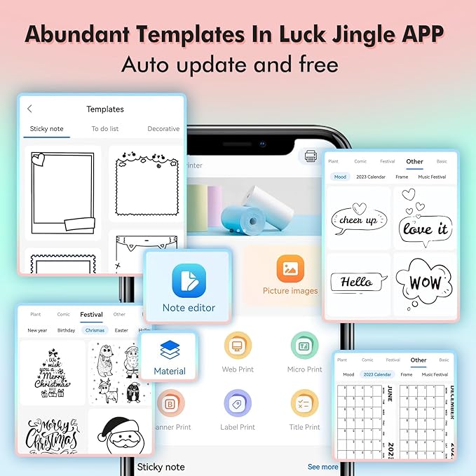 Mini Printer Sticker Printer Bluetooth for Phone Portable Thermal Print for Photo,Note,Journal,Memo,with 6 Rolls Thermal Paper（Pink）