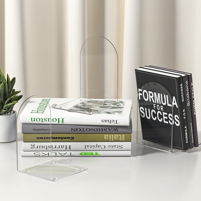Acrylic Bookends 4 Pieces, Book Ends for Shelves, Clear Bookends for Book Shelves and Desktop Organizer, Transparent Bookends to Hold Books for Home Office Supplies