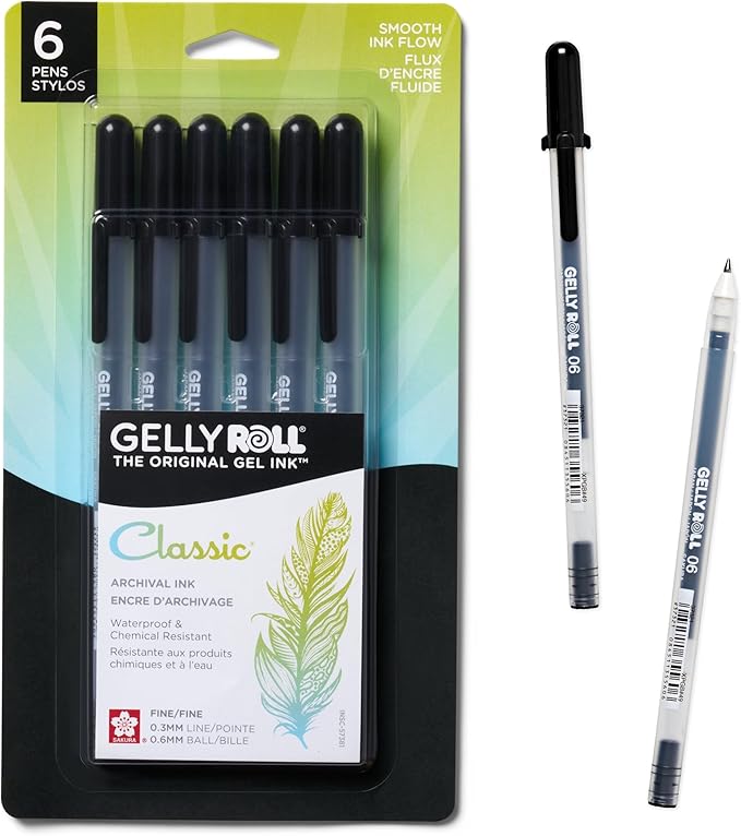 SAKURA Gelly Roll Gel Pens - Fine Point Ink Pen for Journaling, Art, or Drawing - Classic Black Ink - Fine Tip - 6 Pack