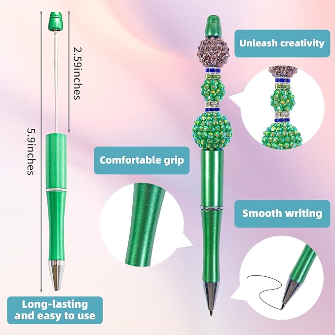 15 Pieces Beadable Pens - Beaded Pens Plastic Diy Black Ink Ballpoint Pens Bulk - Bead Pens Suitable For Teacher, Students, Office, School, Graduation Gift Supplies（Green）