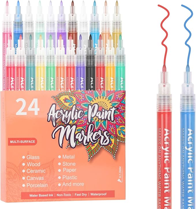 SMOOTHERPRO Acrylic Paint Markers Rock Painting 24 Colors Water-Based Pens 0.7mm Extra Fine Tip for Adults Stone Canvas Ceramic Decorating (HAPM24)