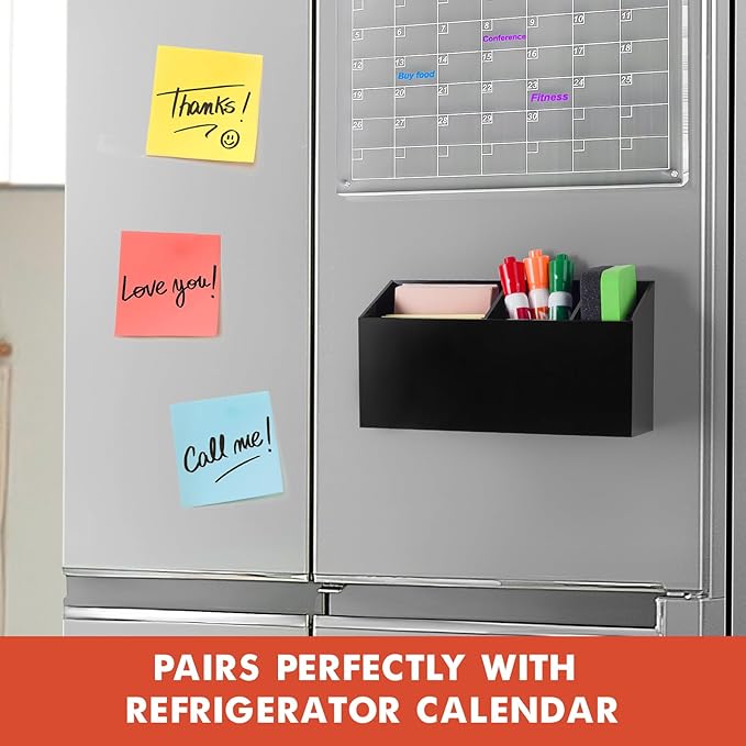 Magnetic Dry Erase Marker Holder, Acrylic Magnet Pen Holder for Whiteboard, Refrigerator, Magnetic Fridge Organizer for Office, Classroom, Whiteboard Maker Holder, Locker Organizer(Black)