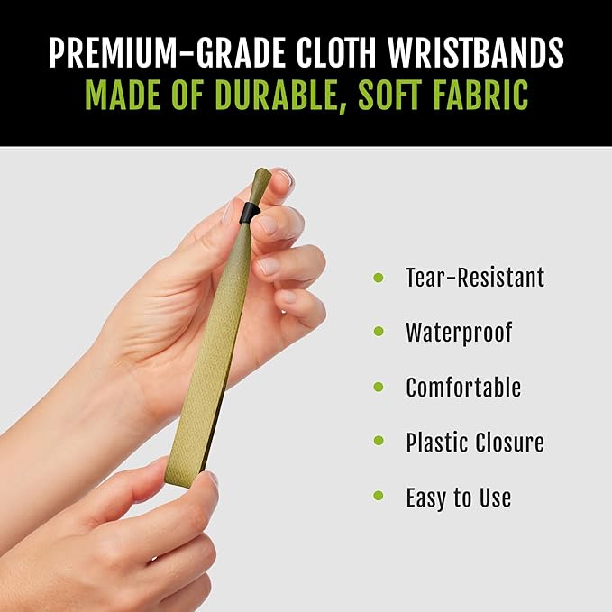 Wristco 100 Gold Cloth Event Wristbands – Plastic Closure to Prevent Transfer or Reuse – Premium-Grade Fabric Bracelets for Party Entry, Summer Camp, VIP Identification, Drink Ticket ID