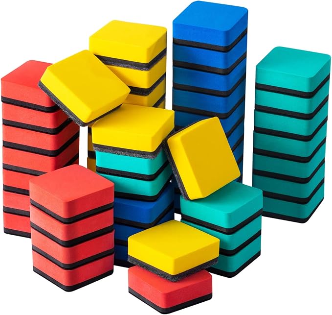 Favourde 48 Pack Magnetic Whiteboard Dry Erase Erasers Chalkboard Cleansers for Classroom, Home and Office (4-Color, 1.97 x 1.97 Inch)