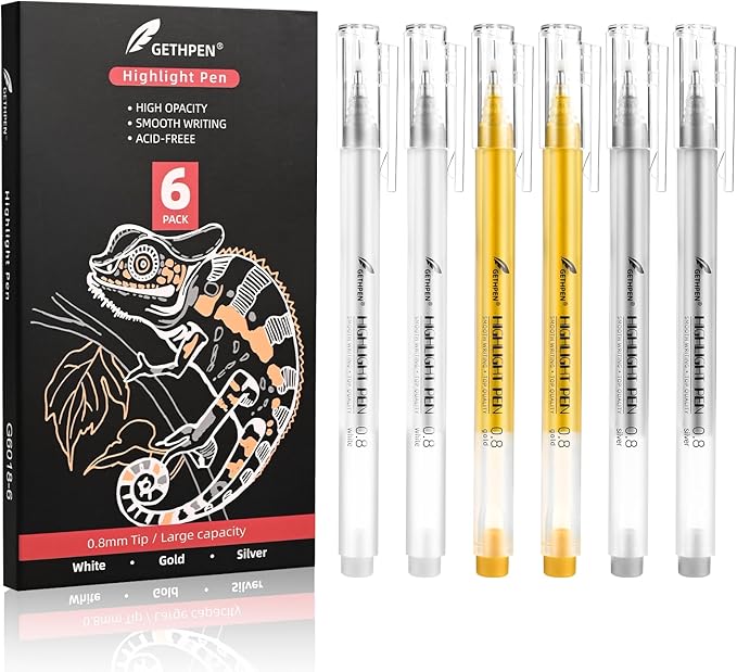 0.8mm Extra Fine Point 6 Pack Gel Pen Set White,Gold and Silver Gel Ink Pens for Artists,White Gel Pen,White Ink Pen,White Pens for Black Paper,White Pen for Artists Drawing