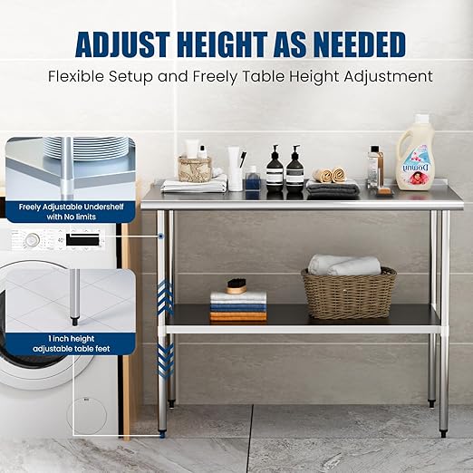 Stainless Steel Table 14 x 48 Inches Metal Prep Table with Backsplash & Adjustable Undershelf for Commercial Kitchen, Outdoor, Restaurant, Hotel & Garage