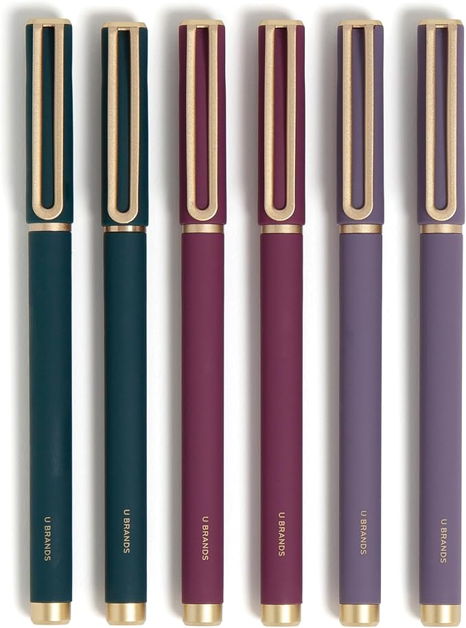 U Brands Catalina Felt Tip Pens, Set of 6, Soft Touch Jewel Tones with Gold Details, Medium (0.7 mm) Point, Black Ink