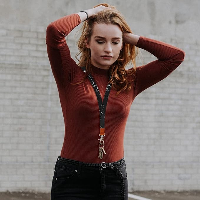 Black Marble Lanyard, Long Neck Lanyard with Metal Clasp, Sturdy Durable Women Men Id Badge Lanyard, Neck Lanyard Strap Ideal for Car Keys, Card Holder, Whistle, Keychain, Wallet