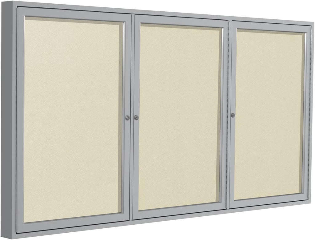 Ghent 48"x96" 3-Door Outdoor Enclosed Vinyl Bulletin Board, Shatter Resistant, with Lock, Satin Aluminum Frame - Ivory (PA34896VX-185), Made in the USA
