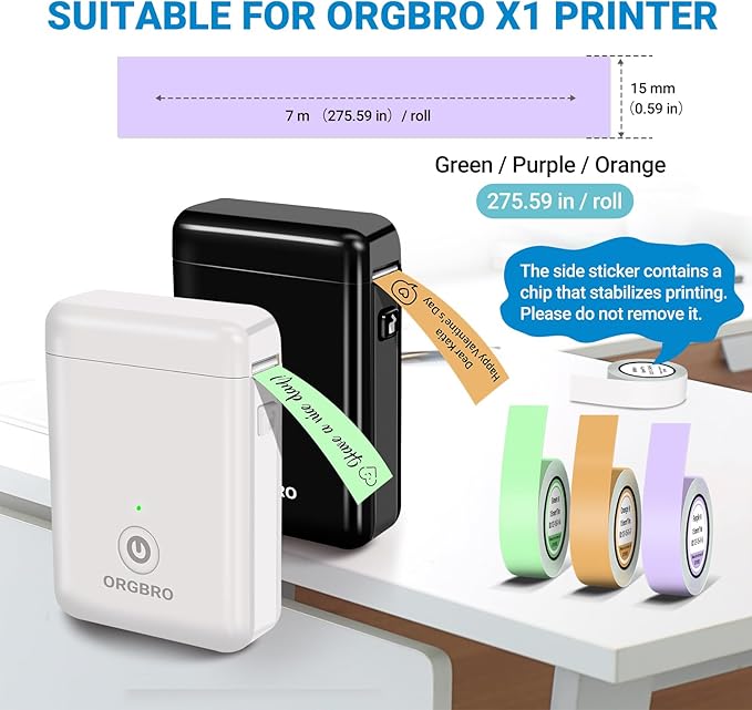 ORGBRO X1 Label Maker Tape, Genuine Thermal Label Print Paper 0.59"×275.6"(15mm×7m), Standard Laminated Office Labeling Tape Replacement, 3-Roll, Green/Purple/Orange