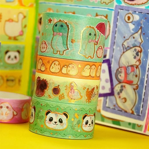 Cute Pets Washi Tape Set 13 Rolls Wide Gold Embellishment Decorative Masking Tapes for Arts, DIY Crafts, Journals, Planners, Scrapbook, Wrapping (Animal Kindergarten), 10/15/20/25mm