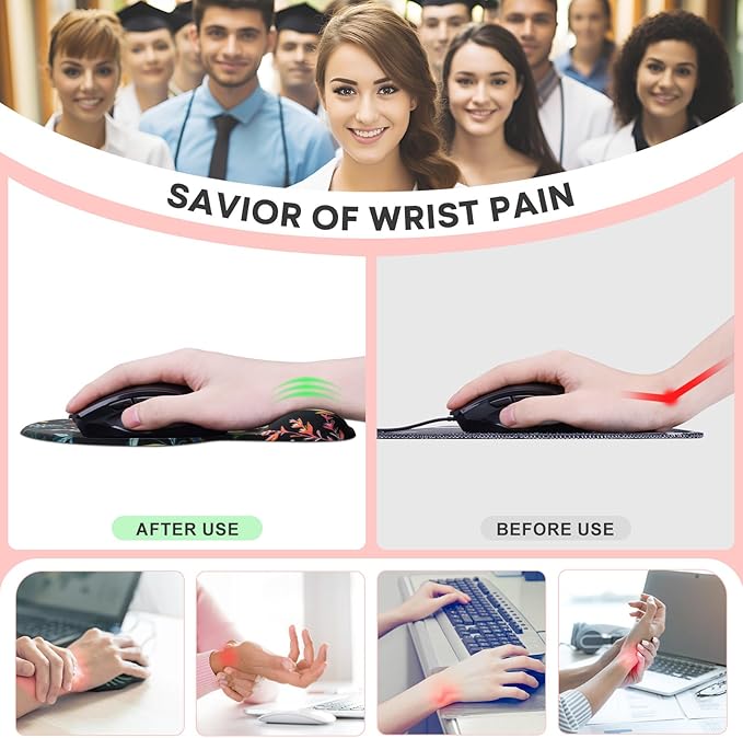 JIKIOU Mouse Pad, 2 Pack Ergonomic Mouse Pads with Comfortable Gel Wrist Rest Support and Lycra Cloth, Non-Slip PU Base for Easy Typing Pain Relief Durable and Easy to Clean Small Black Flowers