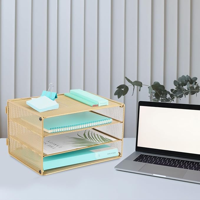 EASEPRES 3 Tier Desk Paper Organizer, Gold
