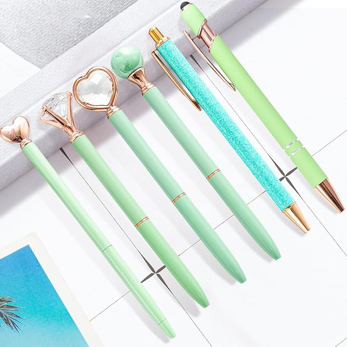 Teacher Pens, 6 Pcs Green Pens Cool Pens Ballpoint Pens Bulk, 1.0mm Medium Point Black Ink Pens Diamond Pens with Crystal, Office and School Supplies Nice Pens Gifts for Women (Green)