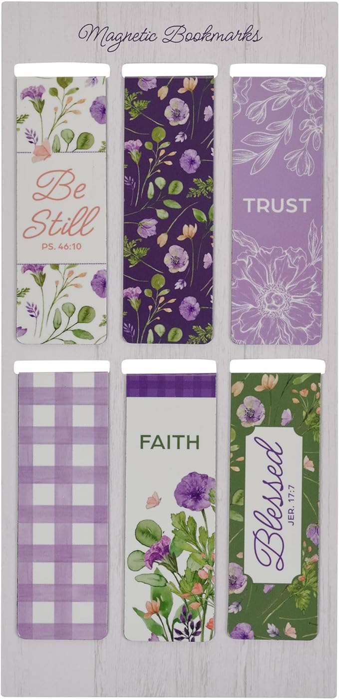 Christian Art Gifts Colorful Inspirational Magnetic Scripture Bookmark Set for Women: Blessed, Inspirational Bible Verses, White, Purple, Green, Pink Floral Theme for Books, Bibles, Papers, Set of 6