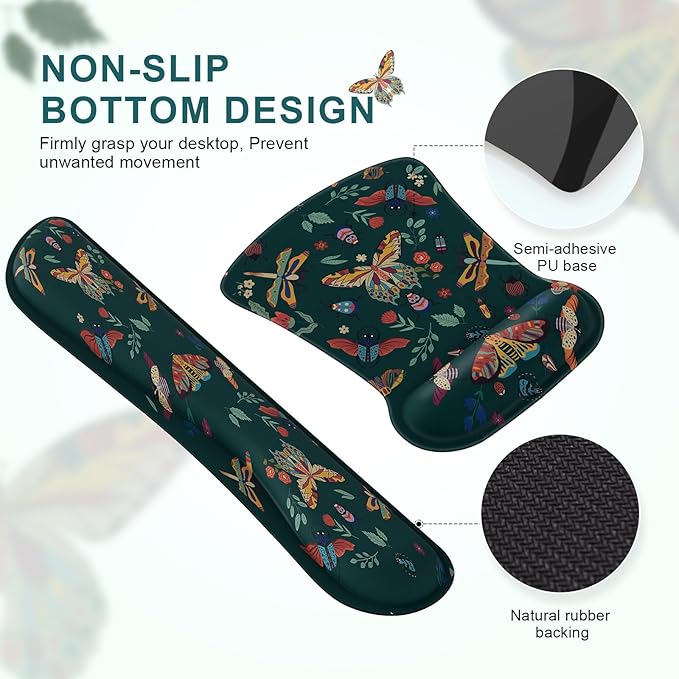 iCasso Ergonomic Mouse Pad with Wrist Rest, Keyboard Wrist Rest Mouse Wrist Rest, Made of Memory Foam, Easy Typing and Relieve Wrist Pain, Perfect for Computer Keyboard Office(Green Butterfly)