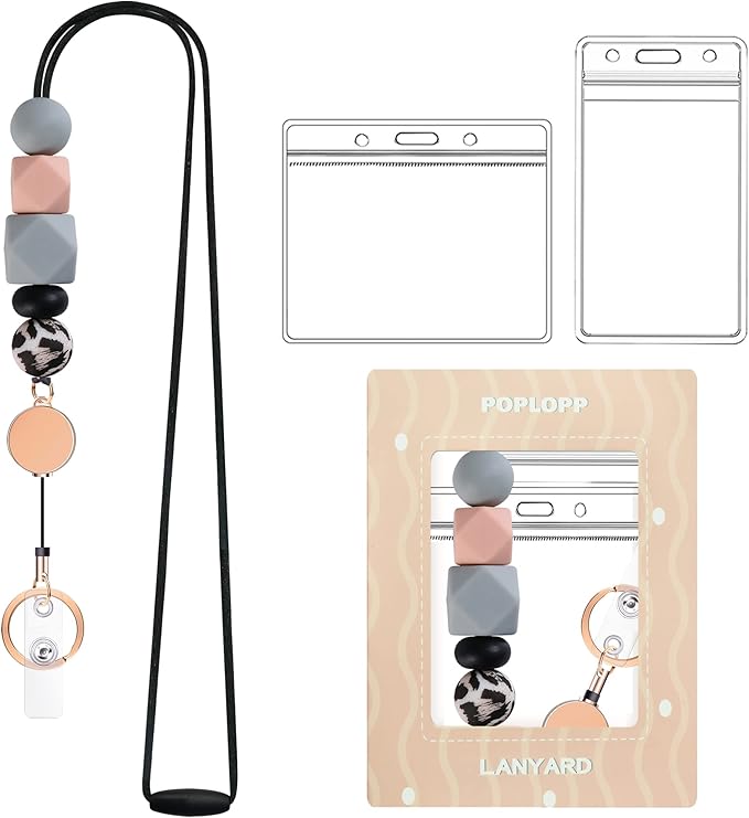 Retractable Lanyards for ID Badges and Keys, Cute Breakaway Teacher Lanyard with Badge Holders and Reels, Silicone Beaded Lanyard for Women, Nurses, Office with 2 Waterproof Card Holders
