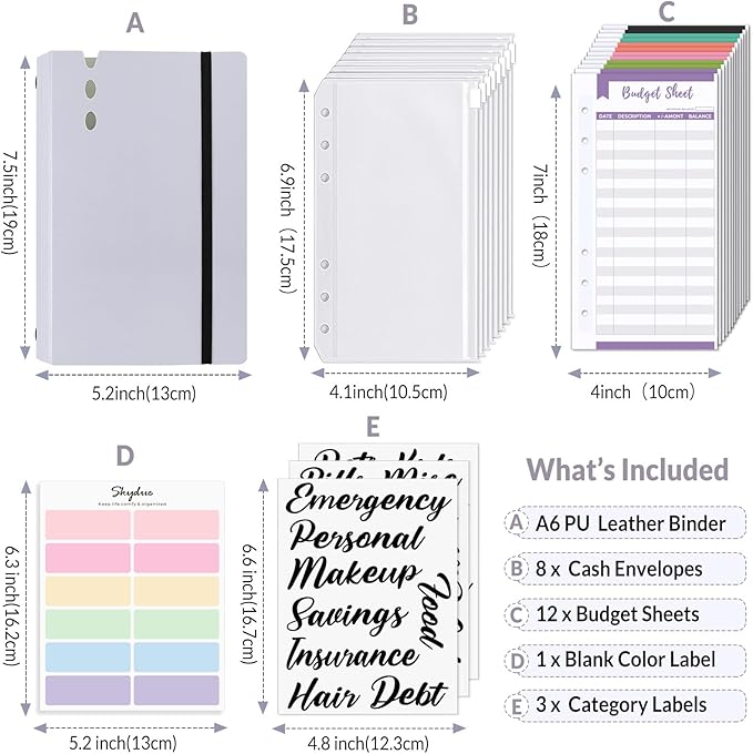 SKYDUE A6 Money Saving Binder, Budget Binder with Cash Envelopes, Savings Book with 12pcs Expense Budget Sheets and Sticky Labels Purple