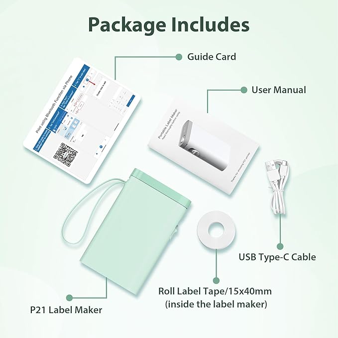P21 Label Maker Machine with Tape, Bluetooth Label Printer Thermal Mini Label Makers with Built-in Cutter and Multiple Templates, Portable Printers for School, Office, Home Use (Green)