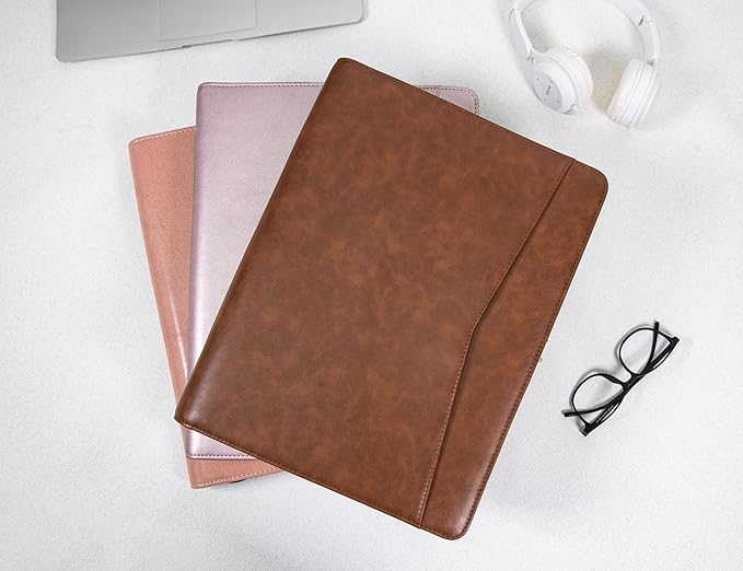 Personalized Leather Portfolio with Zipper, Professional Business Portfolio with A4/US letter Writing Pad holder for Resume, Interview, Leather Portfolio for Men and Women, Brown, Customized