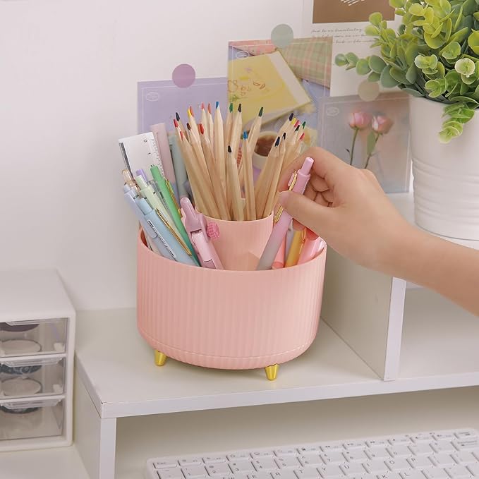 SKYDUE 360 Degree Rotating Desk Organizer, Dual-Purpose Pencil Pen Holder for Desk, Cute Rotating Desk Pen Organizer with 5 Slots, Pencil Cup for Office, School, Home Pink