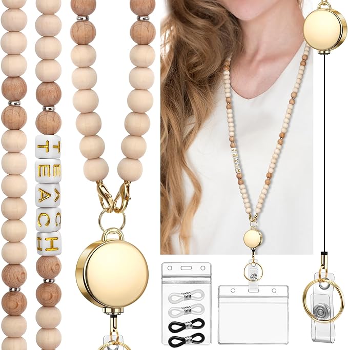 Teacher Lanyard with Id Holder, Cute Lanyards for Id Badges Keys, Retractable Natural Wooden Beaded Lanyard for Women, Gold Teach